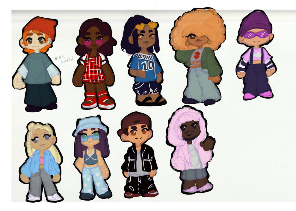 initial chibi sketches of the potential DLT characters (coloured)