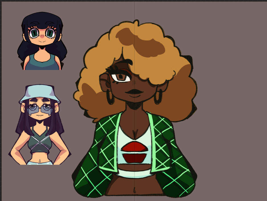 talk sprite sketches of Tyler, A and Audrey in my normal style